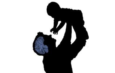 Father's brain visible while picking up baby